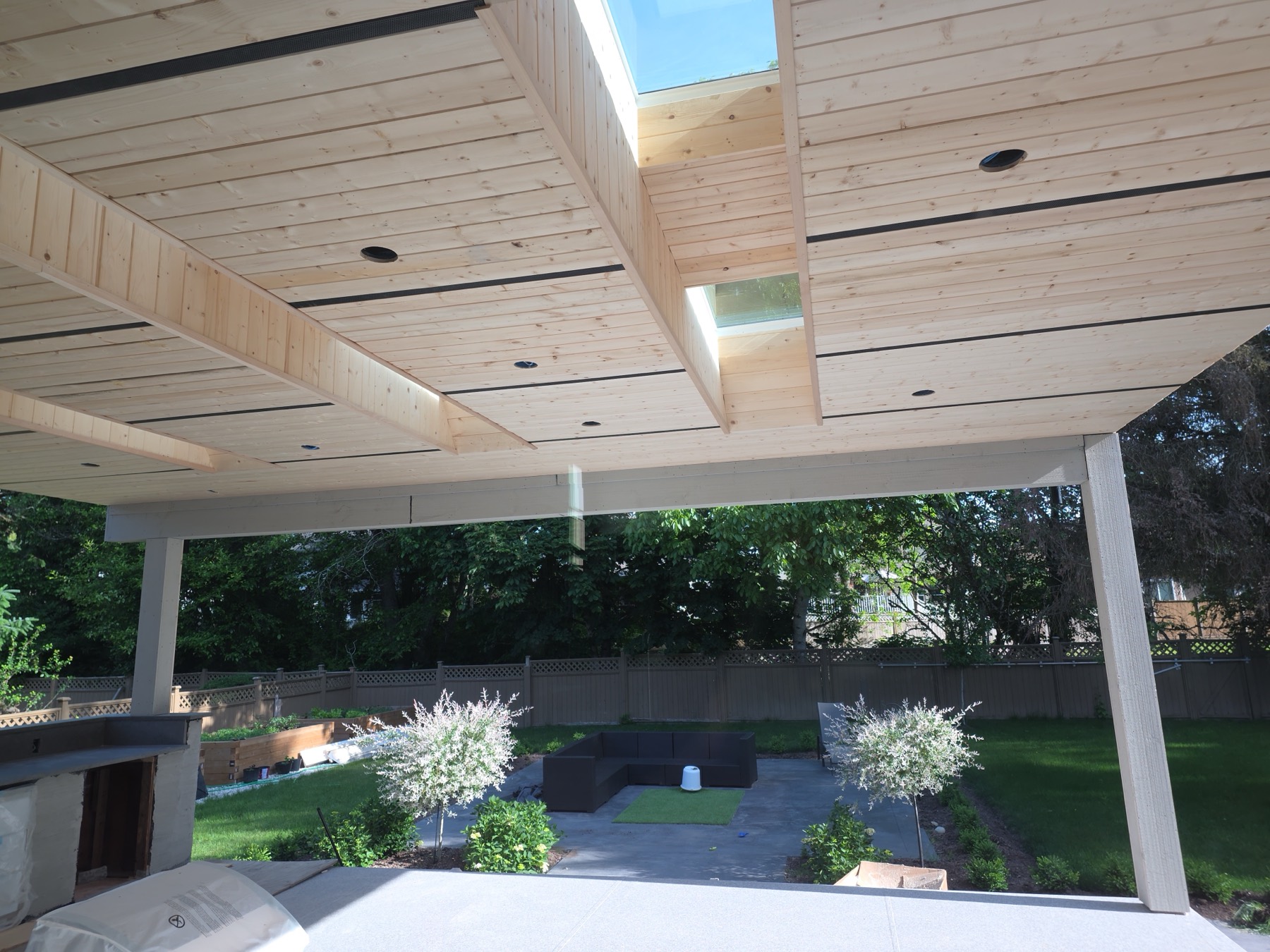 Timber soffit ceiling with skylights